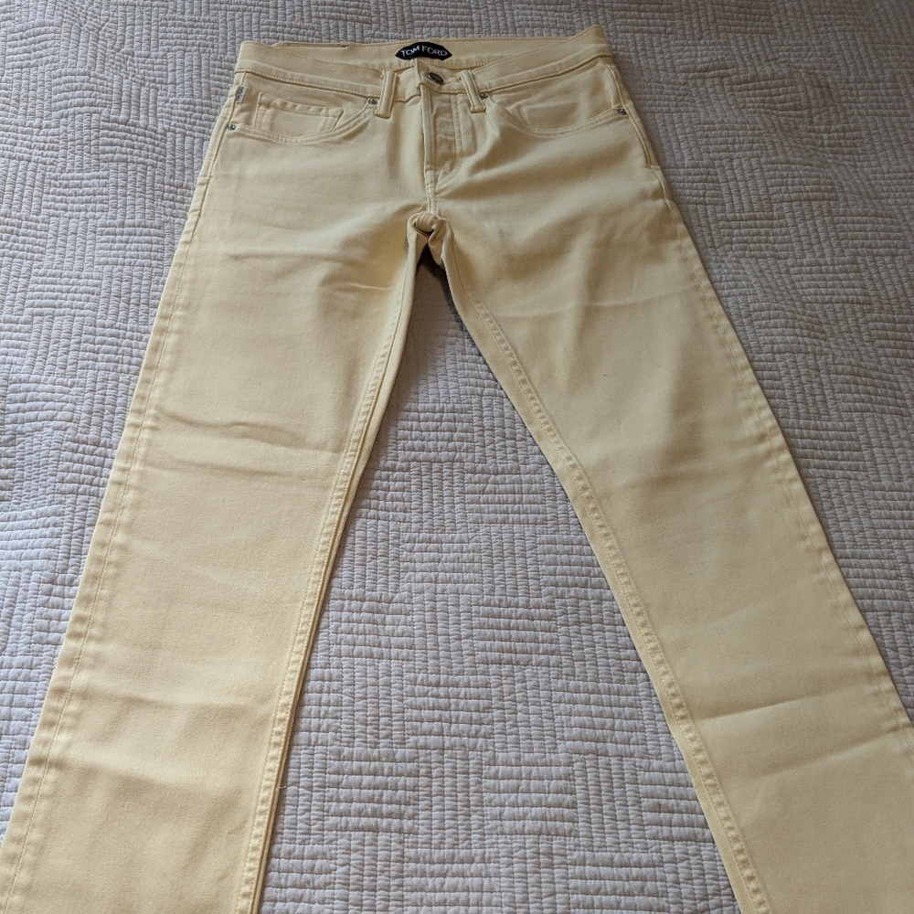 Tom Ford pale yellow, button fly, 5 pocket pant sz 28 slim